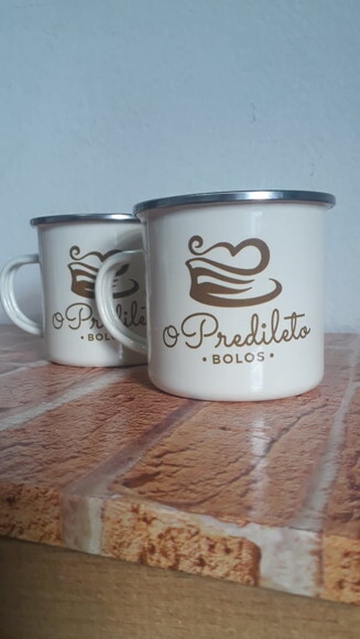 caneca aço esmaltado bege borda prateada 350ml personalizada