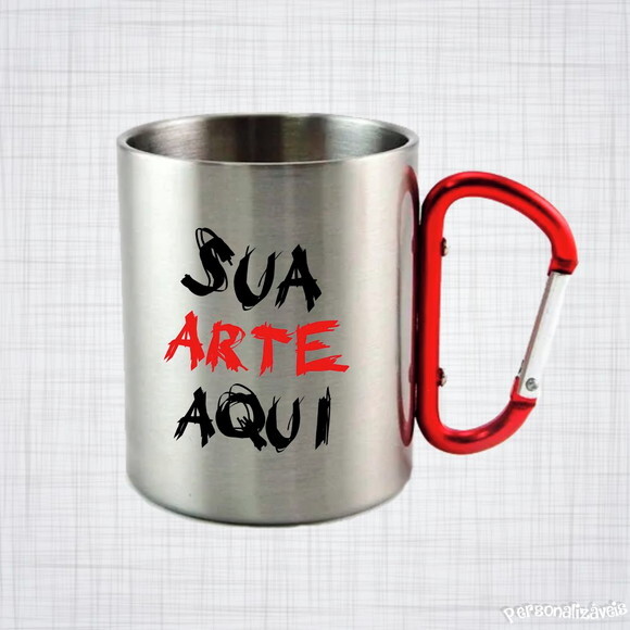 caneca inox cromada com alça mosquetão personalizada 300 ml