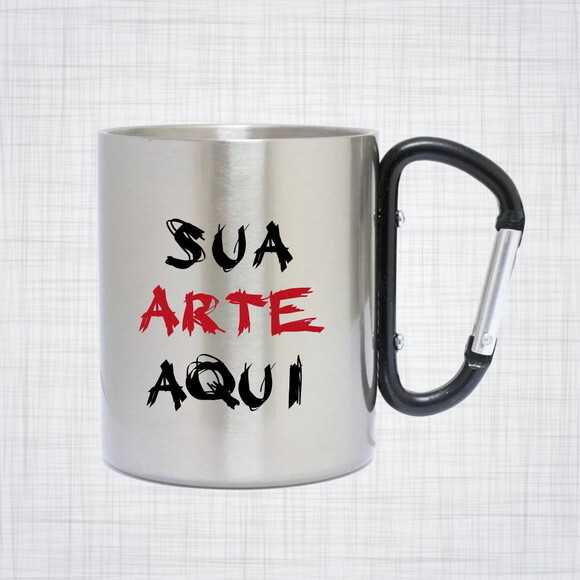 caneca inox prateada com alça mosquetão personalizada 300 ml