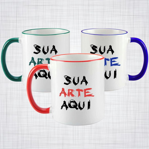Caneca Porcelana Branca Alça / Borda Colorida Personalizada