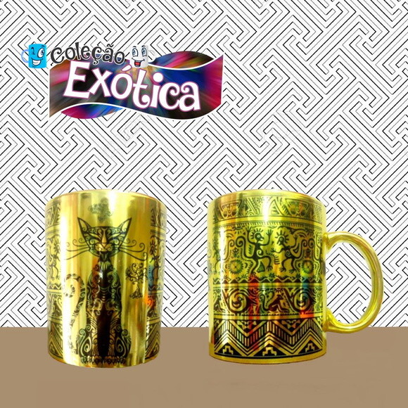 Caneca porcelana espelhada egipcia gato preta e dourada