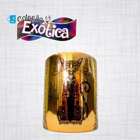 Caneca porcelana espelhada egipcia gato preta e dourada