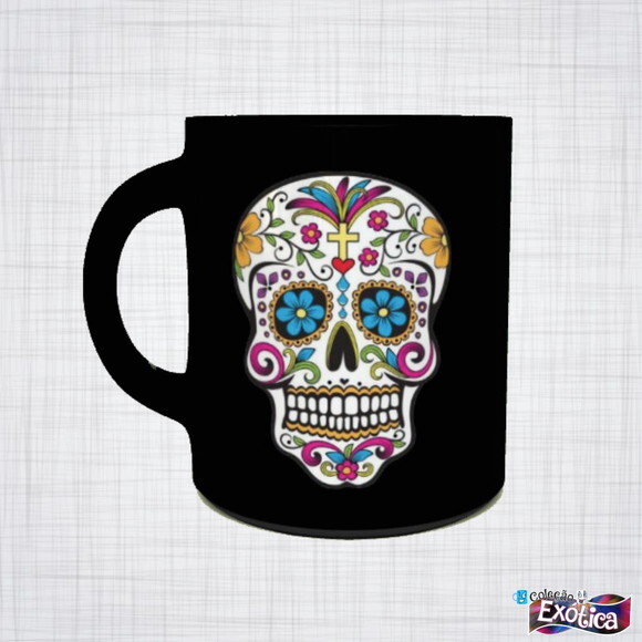 Caneca Porcelana preta caveira mexicana