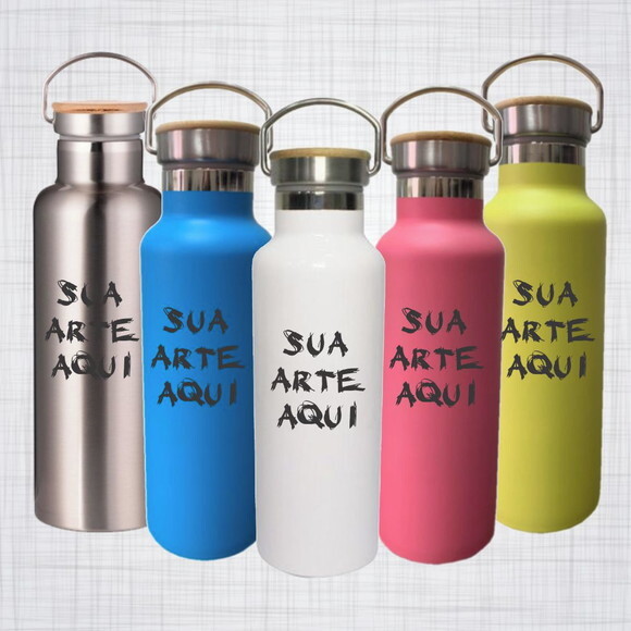 Garrafa Térmica Aço Inox TAMPA BAMBU -Personalizada 600 Ml