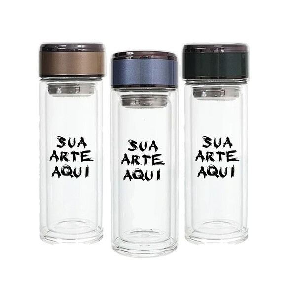 Garrafa Vidro Parede Dupla Infusor Chá 300 ml Personalizada