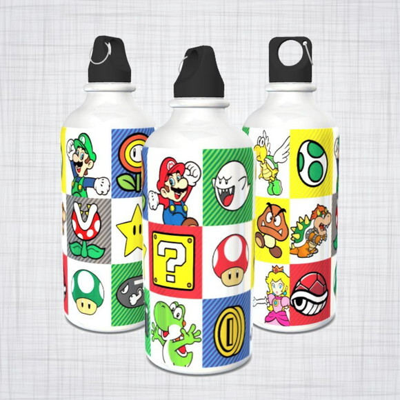 Squeeze Alumínio Branco Mosquetão 600 Ml Mario Bros