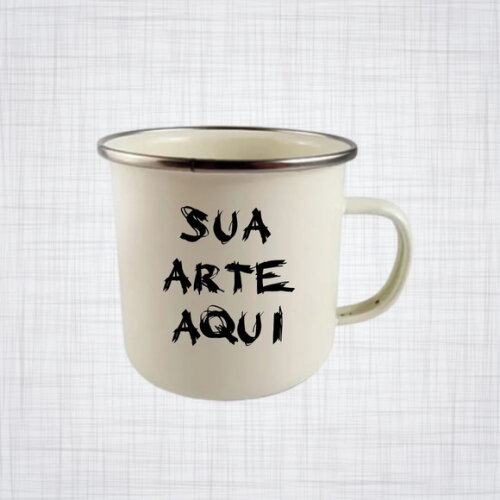 caneca aço esmaltado bege borda prateada 350ml personalizada