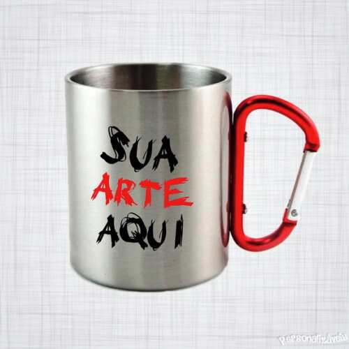 caneca inox cromada com alça mosquetão personalizada 300 ml