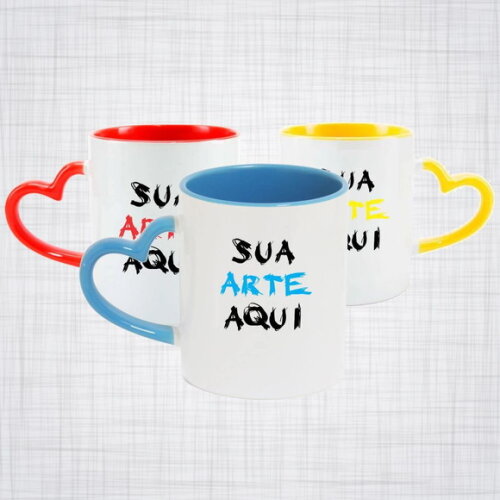 Caneca Porcelana Branca com alça de coração personalizada
