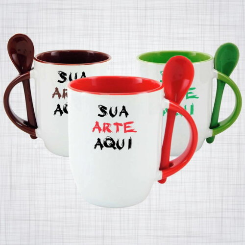Caneca Porcelana Branca com colher personalizada