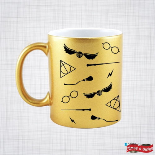Caneca Porcelana Dourada Harry Potter reliquias da morte