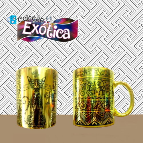 Caneca porcelana espelhada egipcia gato preta e dourada