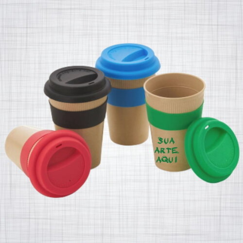 kit 100 Copo fibra bambu 450ml tampa silicone personalizado