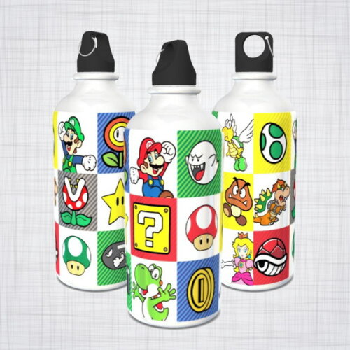 Squeeze Alumínio Branco Mosquetão 600 Ml Mario Bros