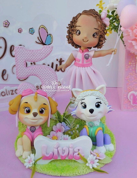 Topo de Bolo Patrulha Canina Rosa em Biscuit
