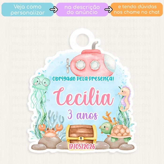 20 Tags Personalizadas Fundo do Mar Aquarela Lembrancinha Chá de