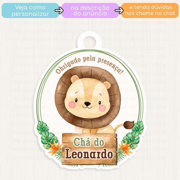 20 Tags Personalizadas Leãozinho Aquarela Safari Lembrancinha Ma
