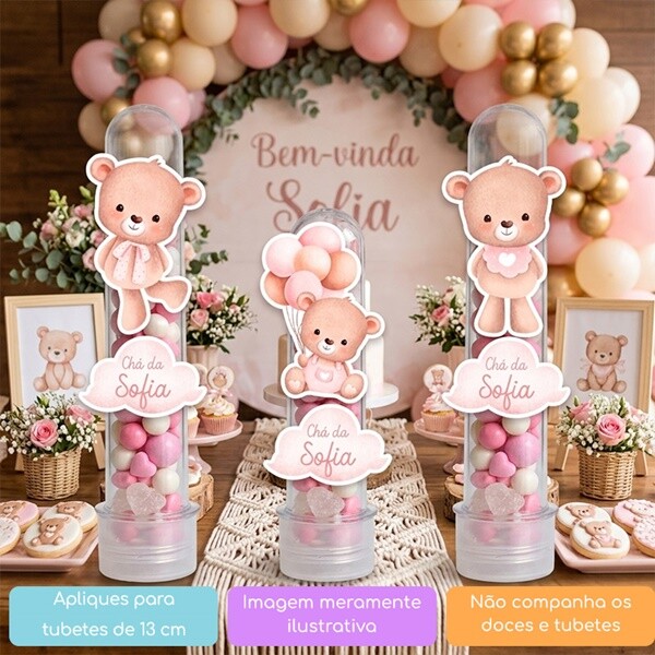 10 Apliques Personalizados Ursinha Aquarela Balão Rosa Lembranci