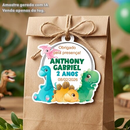 20 Tags Personalizadas Dinossauro Aquarela Lembrancinha Maternidade Chá de Bebê e Aniversário