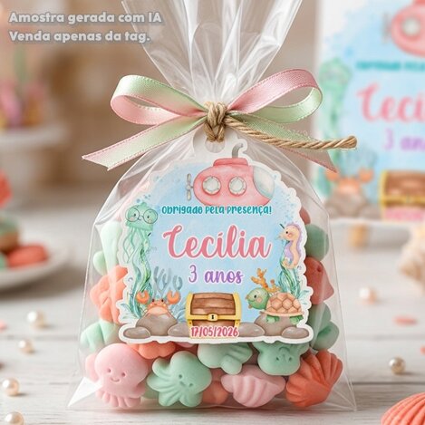 20 Tags Personalizadas Fundo do Mar Aquarela Lembrancinha Chá de Bebê e Aniversário Menina