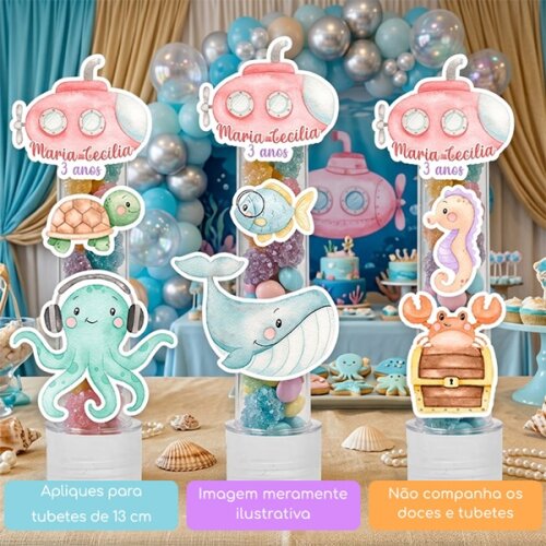 10 Apliques Personalizados Fundo do Mar Submarino Rosa Lembrancinha Chá de bebê Aniversário Tubete