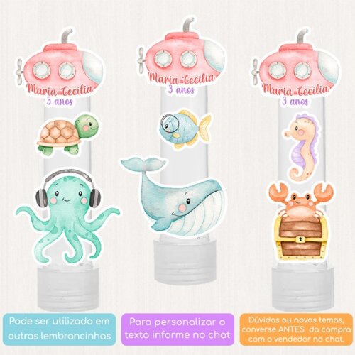 10 Apliques Personalizados Fundo do Mar Submarino Rosa Lembrancin