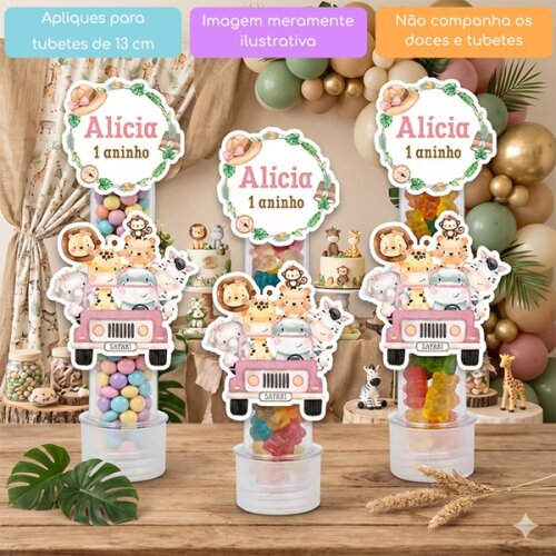 10 Apliques Personalizados Jipe Rosa Safari Lembrancinha Chá de bebê Aniversário Tubete