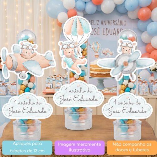 10 Apliques Personalizados Ursinho Aviador Lembrancinha Chá de bebê Aniversário Tubete