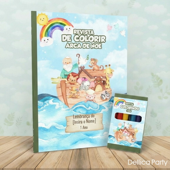 Kit Revista de Colorir Arca de Noé + Giz de Cera