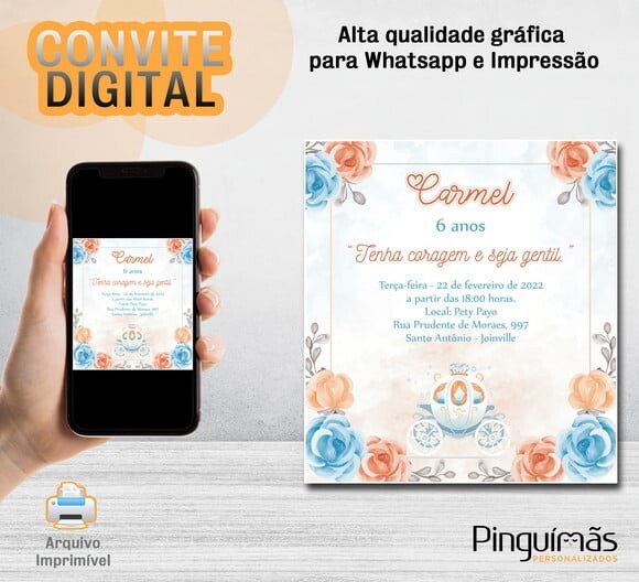 Convite Digital de Aniversário - Cinderela em Flores