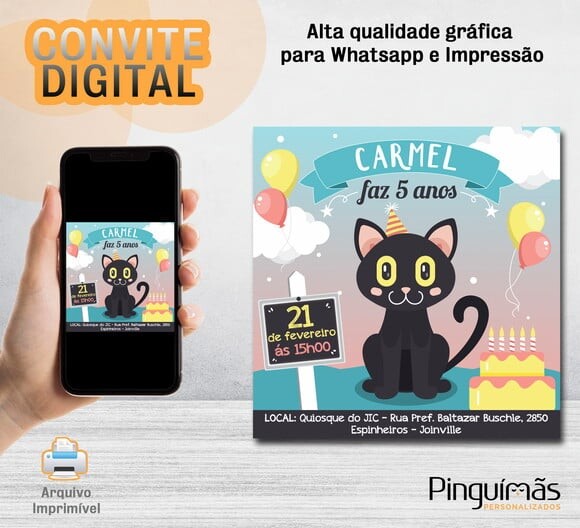 Convite Digital de Aniversário - Gatinho Preto