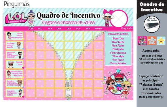 Quadro de Incentivo Boneca Lol A4 - Manta Magnética