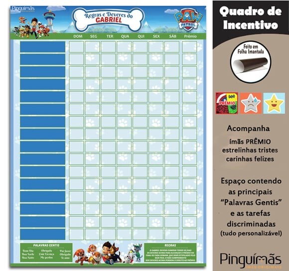 Quadro de Incentivo Patrulha Canina A3 - Manta Magnética