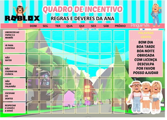 Quadro de Incentivo Roblox Meninas A4 - Manta Magnética