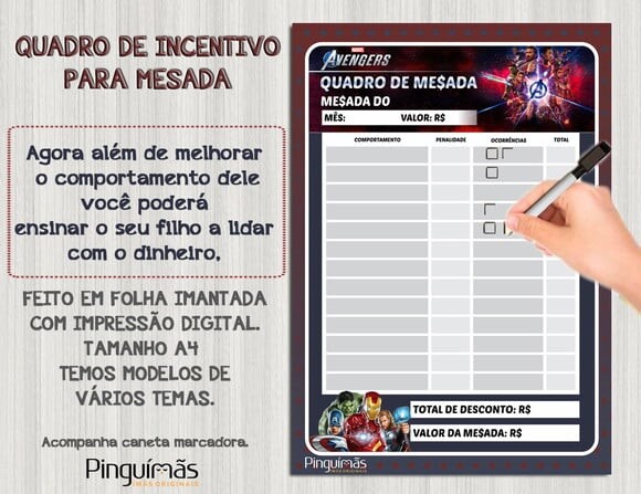 Quadro Educativo de Mesada A4 Avengers - Manta Magnética