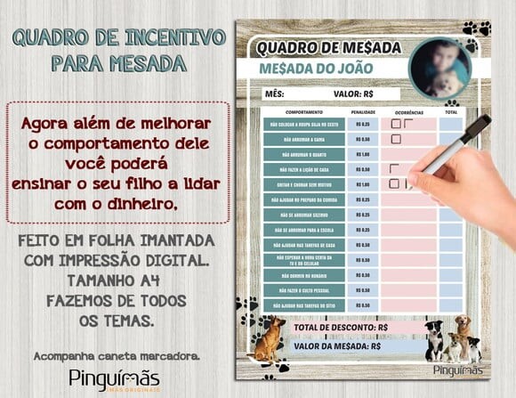 Quadro Educativo de Mesada A4 Cachorrinho - Manta Magnética