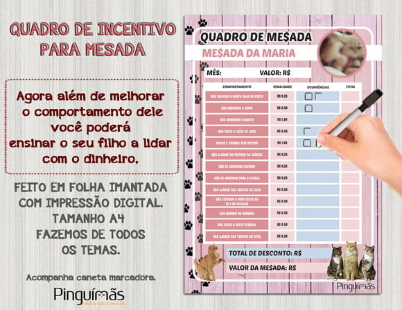 Quadro Educativo de Mesada A4 Gatinho - Manta Magnética