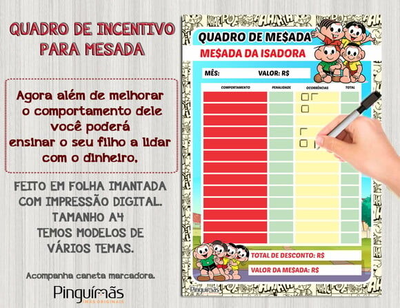 Quadro Educativo de Mesada A4 Mônica - Manta Magnética