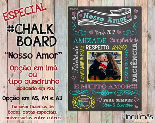 Chalkboard Dia dos Namorados/bodas/casamento A5 em Imã/ps