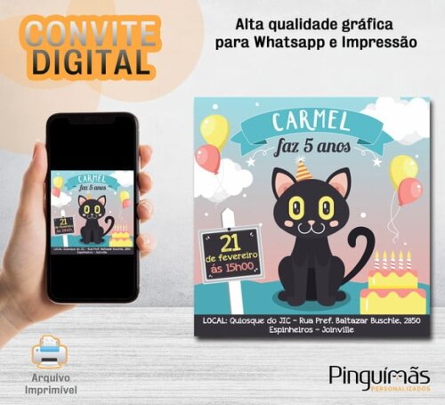 Convite Digital de Aniversário - Gatinho Preto