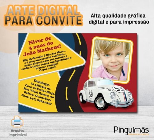 Convite Digital de Aniversário - Fusca Herbie com Foto