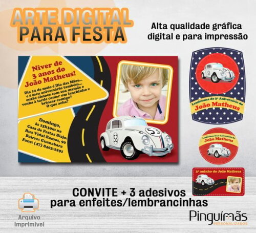 Kit Convite Digital de Aniversário - Fusca Herbie com Foto