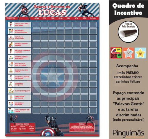 Quadro de Incentivo Capitão América A3 - Manta Magnética
