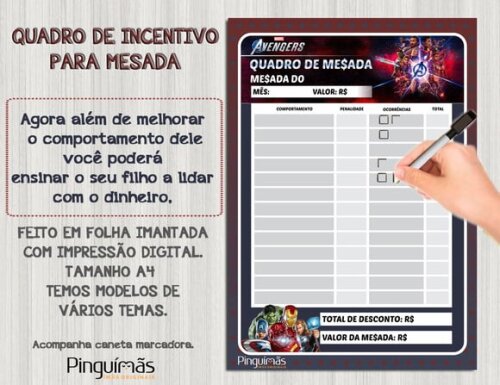 Quadro Educativo de Mesada A4 Avengers - Manta Magnética