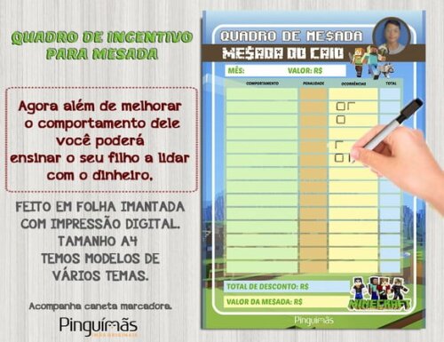 Quadro Educativo de Mesada A4 Minecraft - Manta Magnética