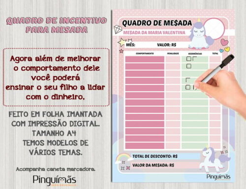 Quadro Educativo de Mesada A4 Unicórnio - Manta Magnética