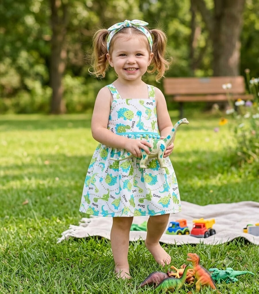 Vestido infantil  alça com tiara  estampado  dinossauro