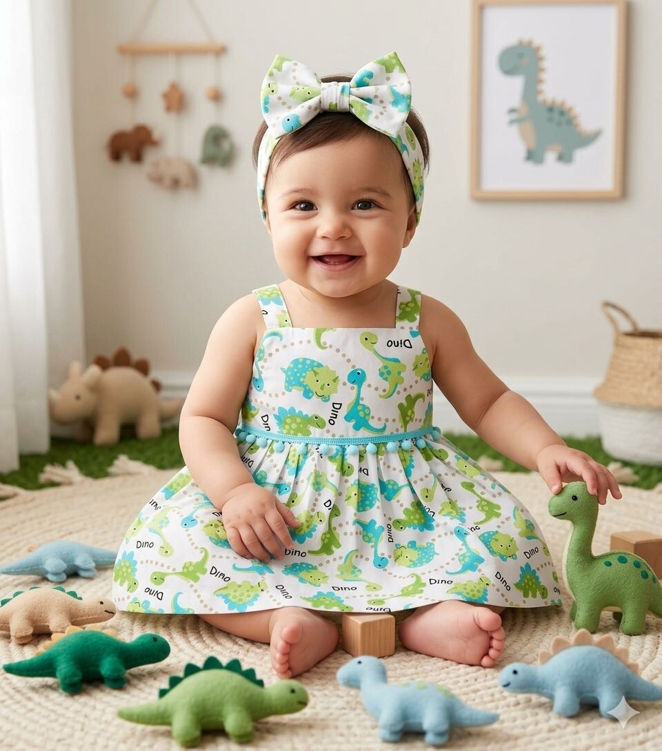 Vestido infantil  alça com tiara  estampado  dinossauro