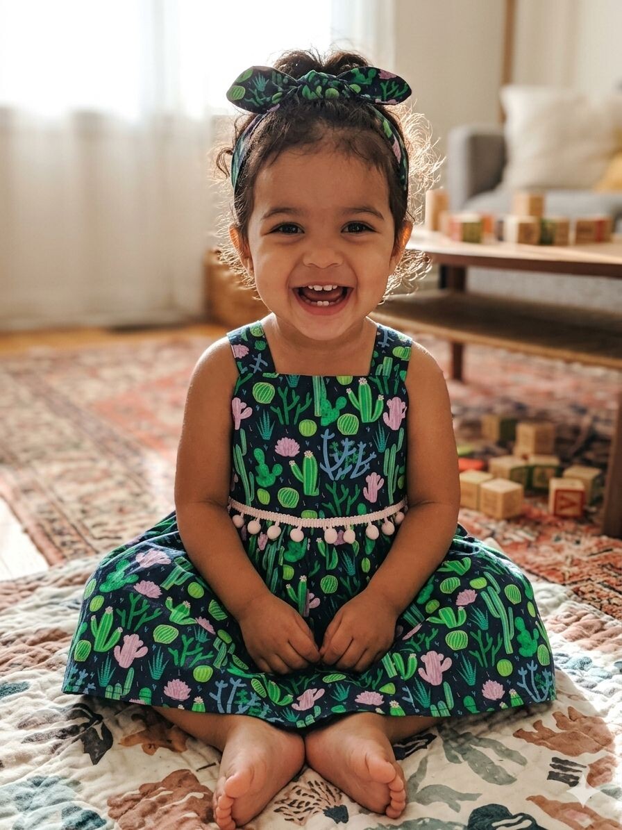 Vestido infantil alça com faixa de cabelo estampado   cacto