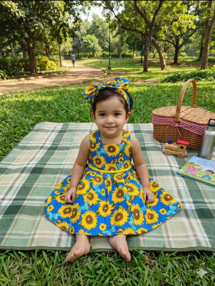 Vestido infantil alça com tiara de cabelo  estampado Girassol